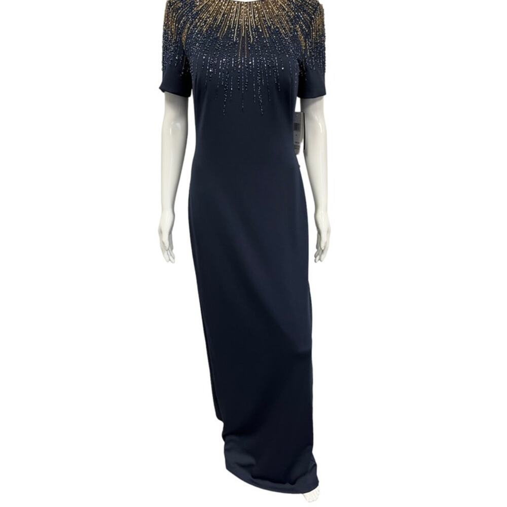 BASIX BLACK LABEL $550 Navy Blue Sequin Accent Crew Neck Maxi Gown 8 - Picture 1 of 5
